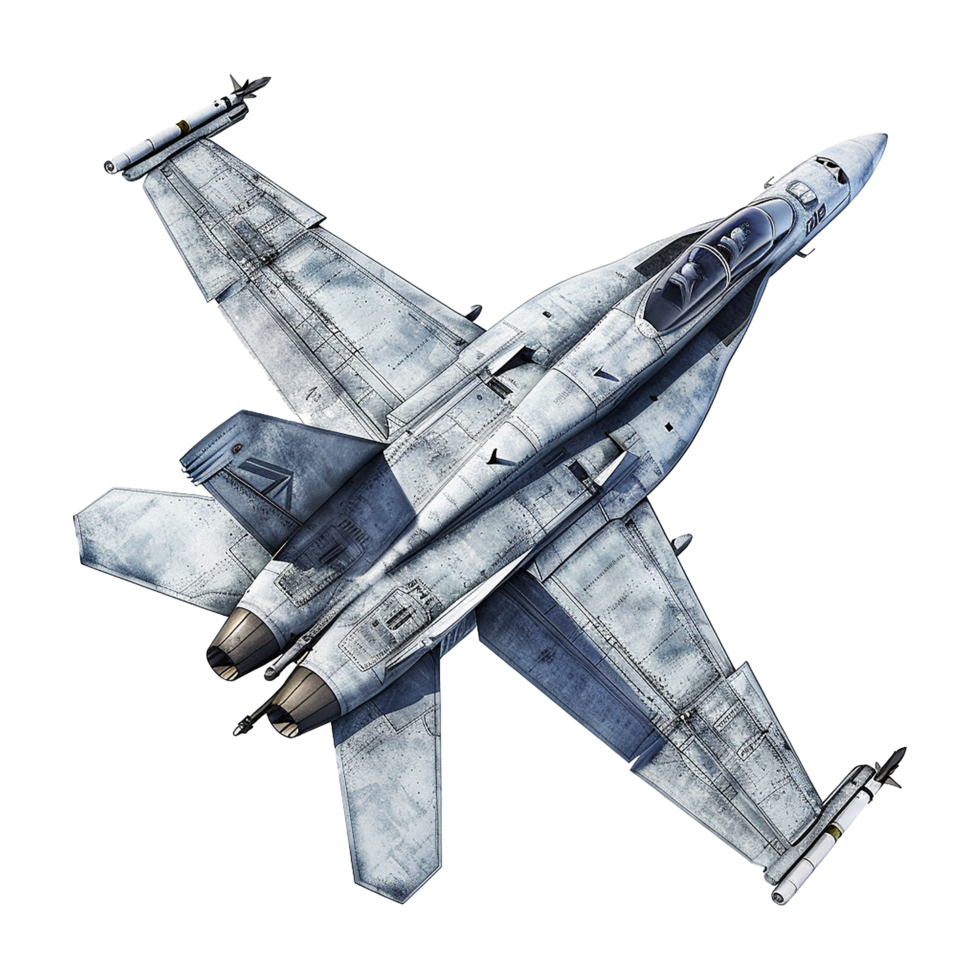 Top View of a Weathered Military Fighter Jet with Missiles png