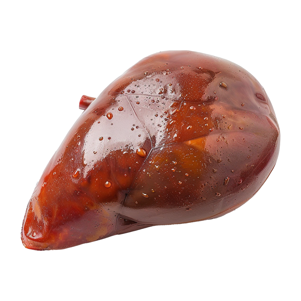 Closeup View of a Single Wet Brown Bovine Liver with Visible Texture and Water Droplets png