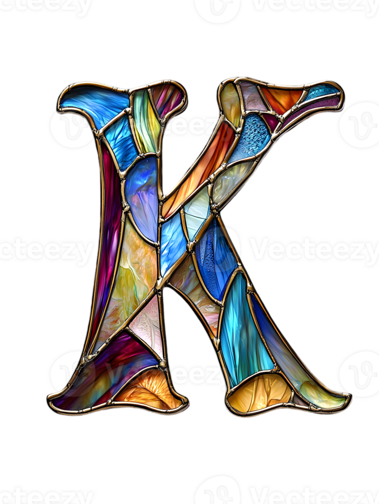 Vibrant Stained Glass Letter K on Transparent Background Multicolored Mosaic Design and Golden Outlines png