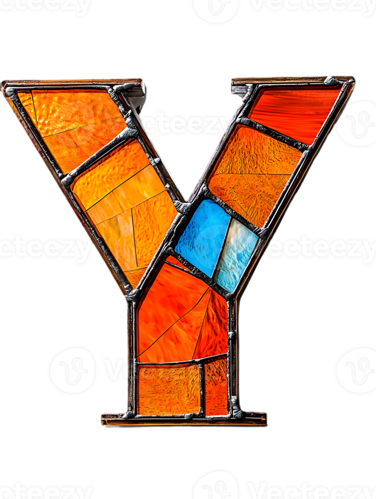 Vibrant Stained Glass Letter Y Featuring Orange Blue and Geometric Tile Pattern on Transparent Background Design Element png