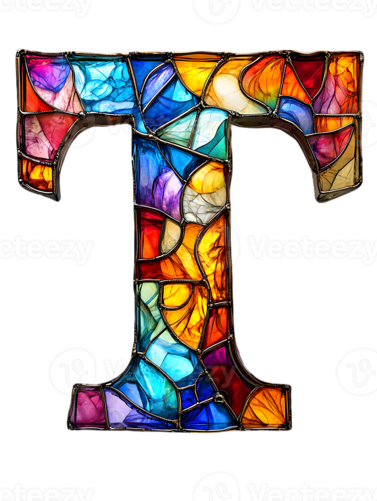 Vibrant Stained Glass Letter T with Transparent Background Featuring a Mosaic of Blue Red Yellow and White Colors Decorative Design Element png