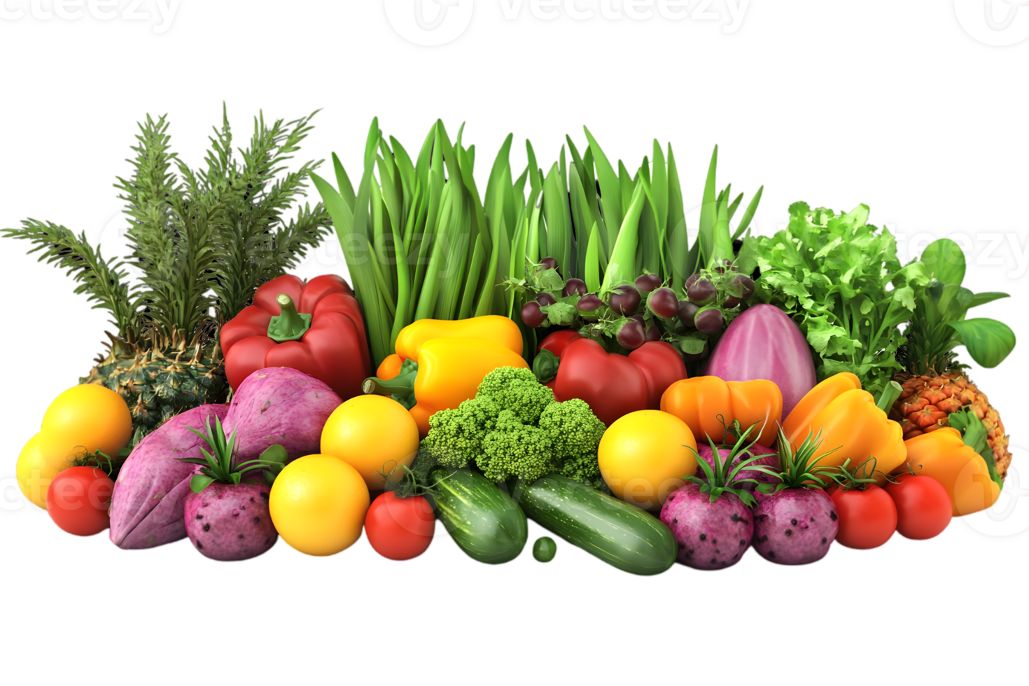 Vibrant Still Life of Fresh Vegetables and Fruits in Varied Colors on Transparent Background png