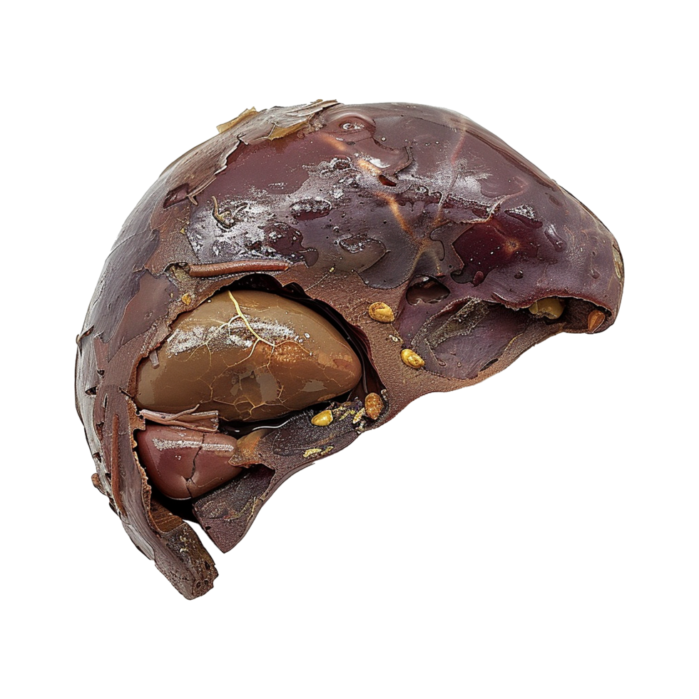 Closeup view of a broken open dark brown seed pod revealing inner contents png