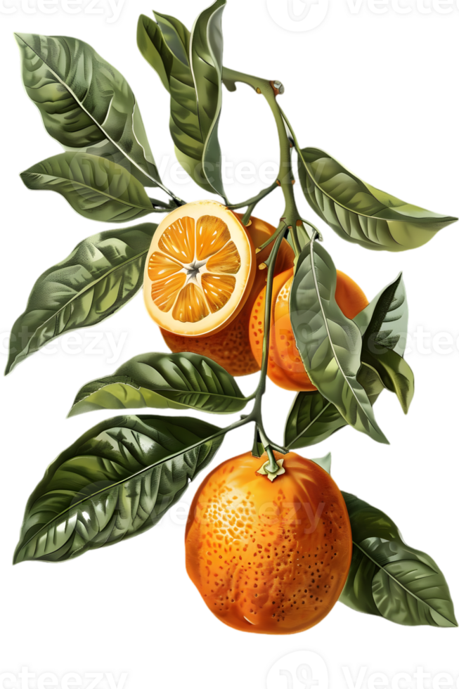 Vibrant Orange Branch with Green Leaves and Citrus Fruit on Transparent Background Fresh and Juicy Still Life Botanical Illustration Artwork png