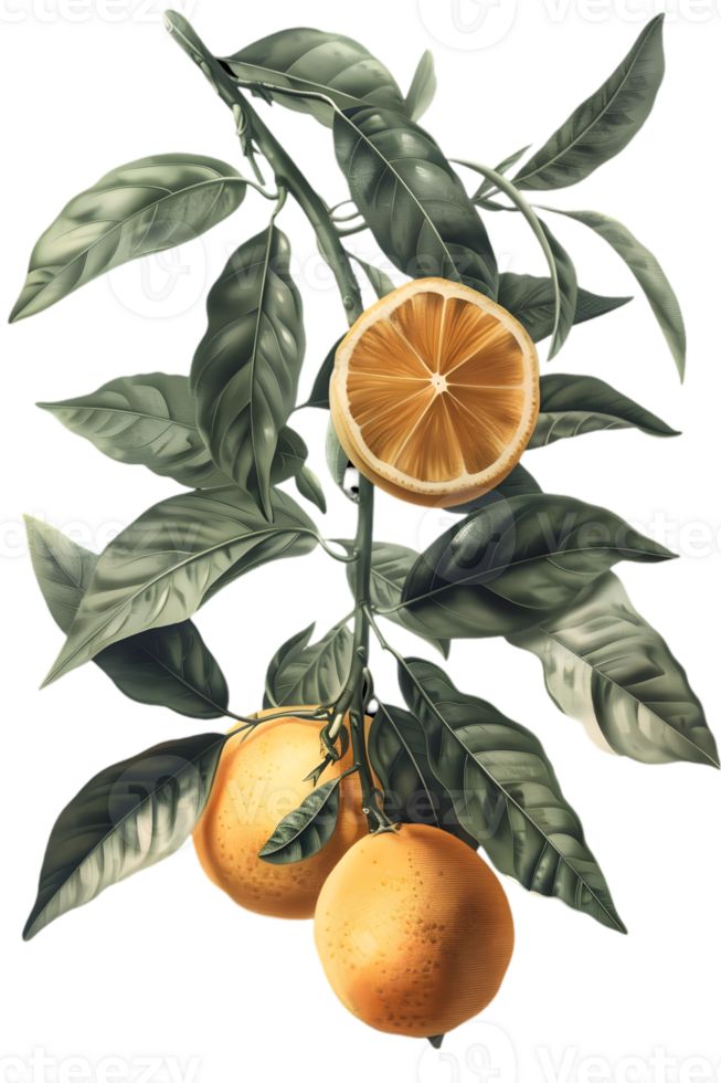 Vibrant Orange Citrus Fruit on a Branch with Green Leaves Transparent Background Illustration png