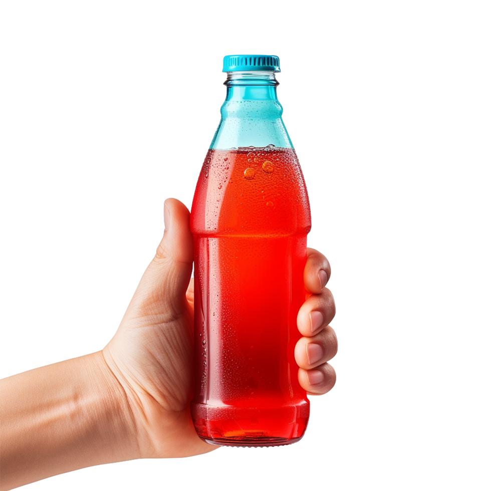 A hand holding a refreshing bottle of red fruit flavored soda pop drink with a teal cap png