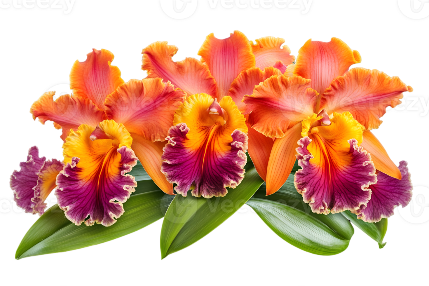 Vibrant Orchid Blooms Displaying Intricate Petals in Orange Purple and Yellow with Green Leaves on Transparent Background png