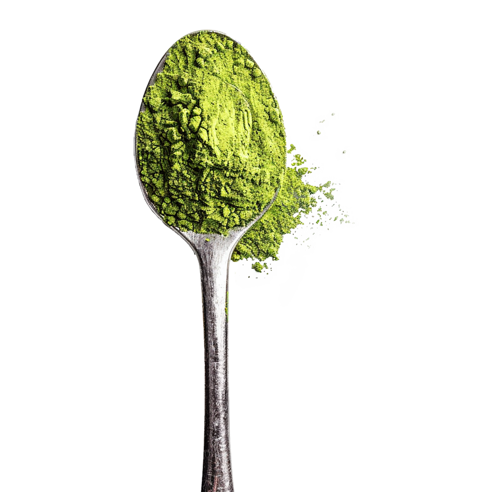 A spoonful of vibrant green matcha powder with a scattering of dust, showcasing its texture and color against a white background png