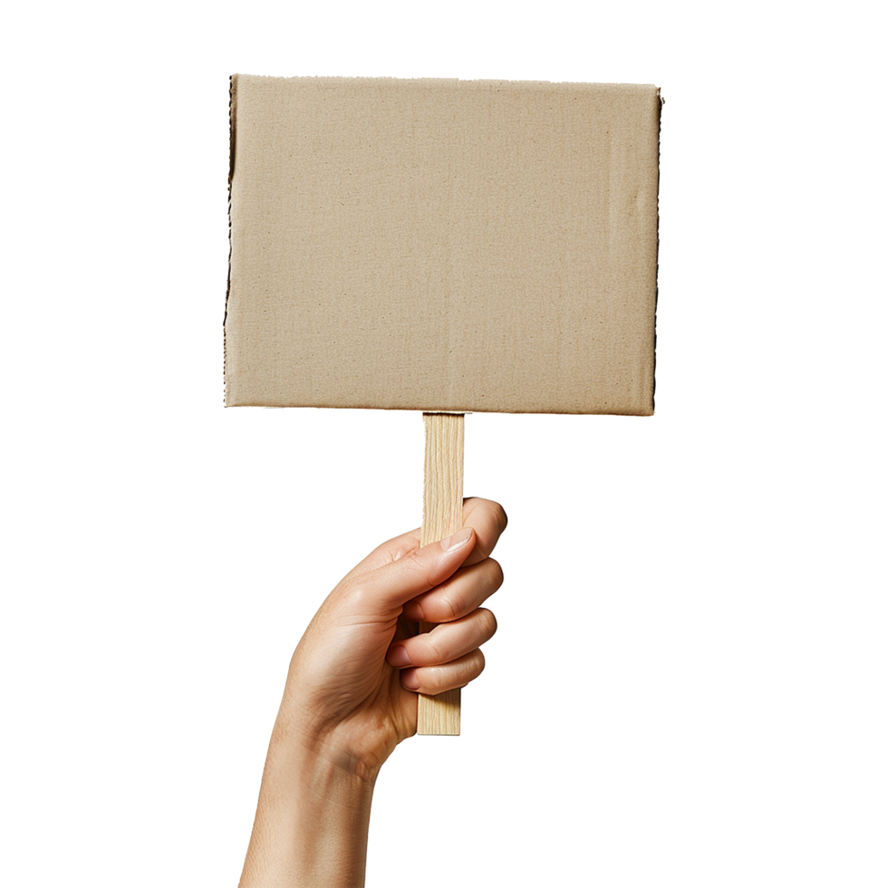 A hand holding a blank cardboard sign on a wooden stick perfect for your message png