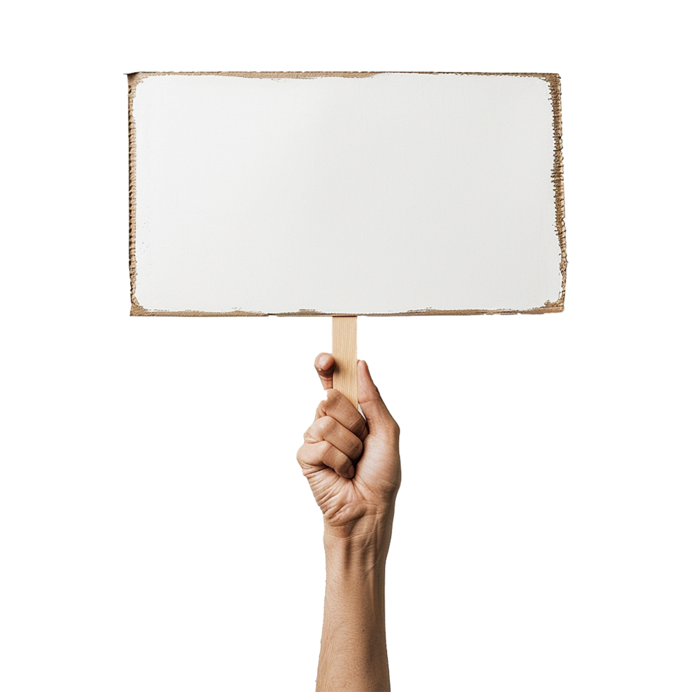 A hand holding a blank white sign with a wooden frame for protest demonstration or message png