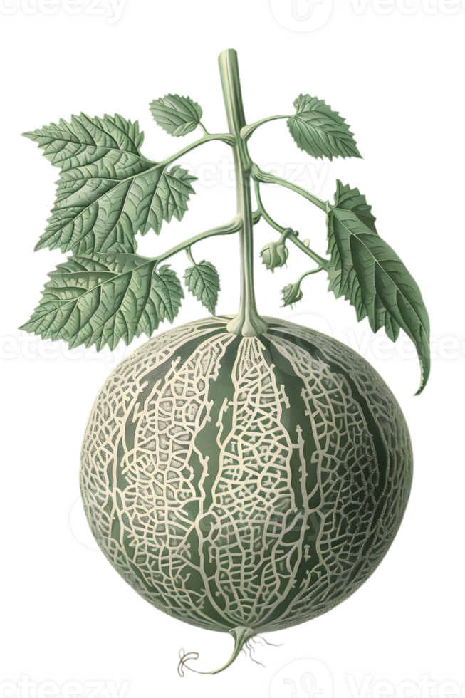Vintage Botanical Illustration Of A Ripe Melon Plant With Detailed Leaves And Stem Isolated On Transparent Background For Gardening And Agriculture Projects png