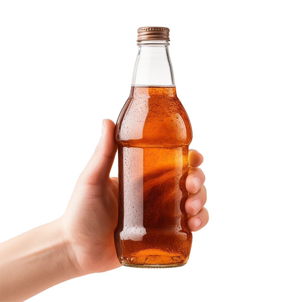 A hand holding a glass bottle of ambercolored beverage with condensation png