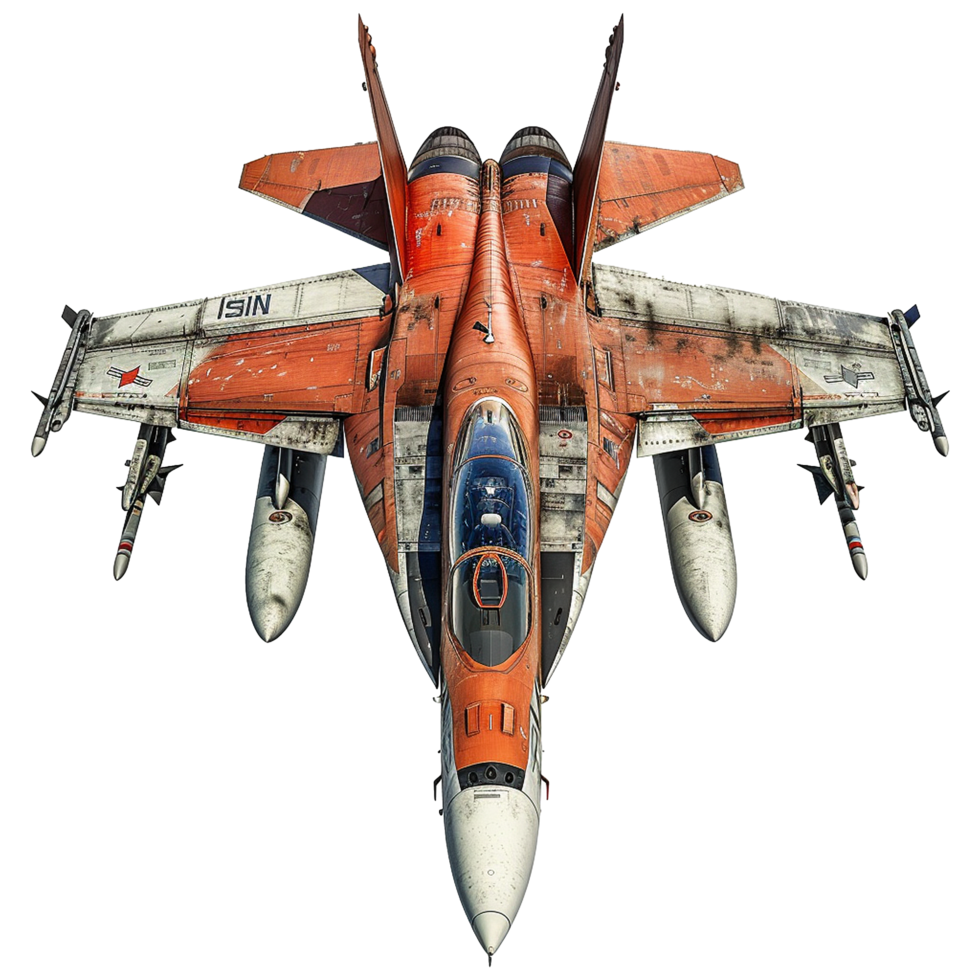 TopDown View of a Weathered Orange and White Fighter Jet with Missiles png