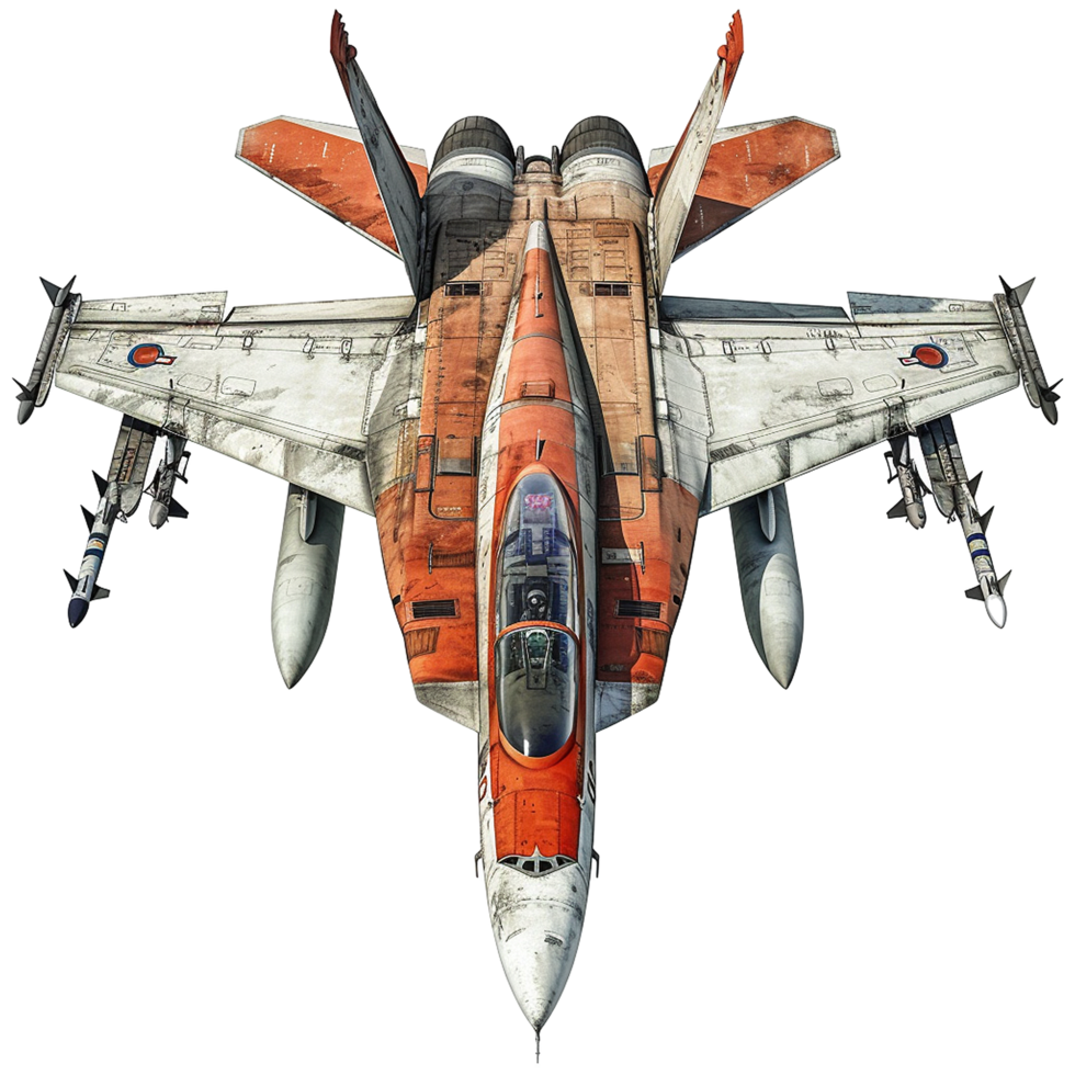 TopDown View of a Distressed Orange and White Fighter Jet with Missiles png
