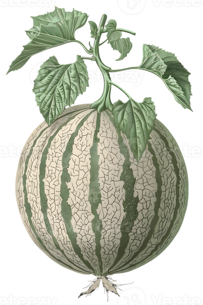 Vintage Botanical Illustration of a Cantaloupe Melon with Green Stripes and Leaves on Transparent Background png