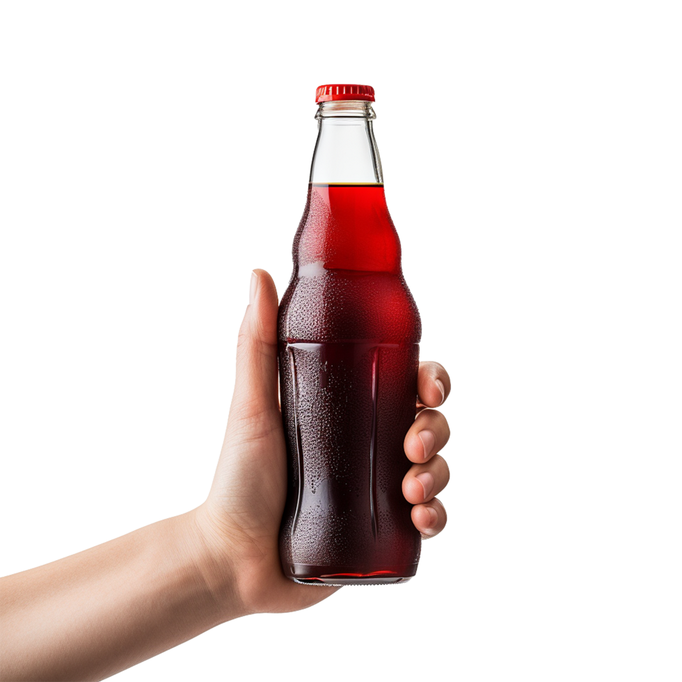 A hand holding a glass bottle of dark red soda or soft drink with condensation png