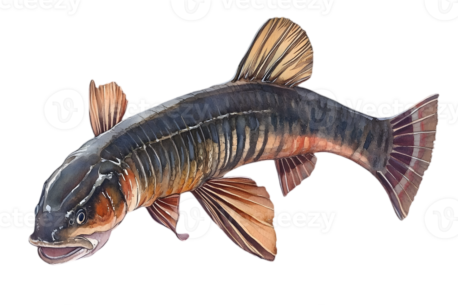 Watercolor Illustration of a Colorful Striped Fish with Detailed Scales and Fins on a Transparent Background Isolated for Wildlife Concept png