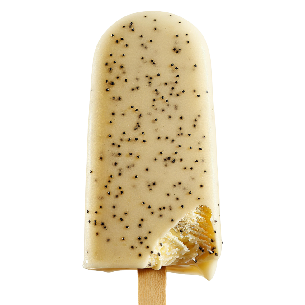 Creamy Vanilla Bean Ice Cream Bar with Poppy Seeds, Partially Eaten, on Wooden Stick png