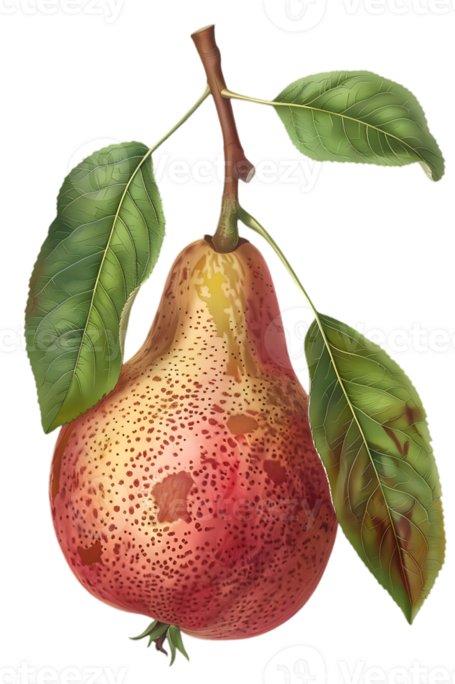 Watercolor Illustration of a Ripe Pear Hanging from a Branch with Green Leaves on Transparent Background png