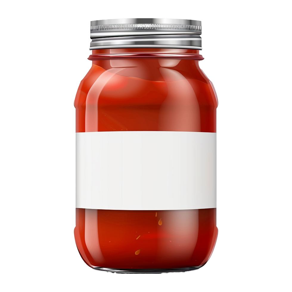 Glass Jar of Red Tomato Sauce with Silver Lid and Blank White Label for Packaging Design png