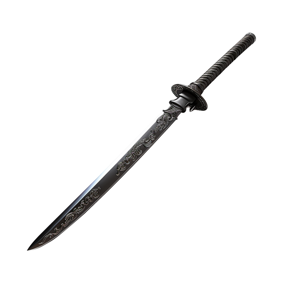 Elegant Black Katana with Intricate Floral Etchings and Wrapped Handle png