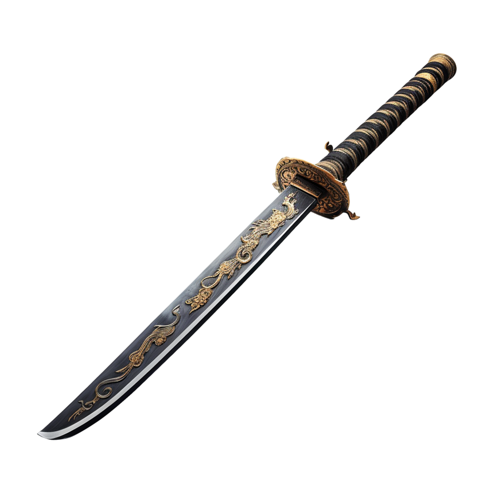 Ornate Asian Sword with Dragon Design and Black and Gold Handle png