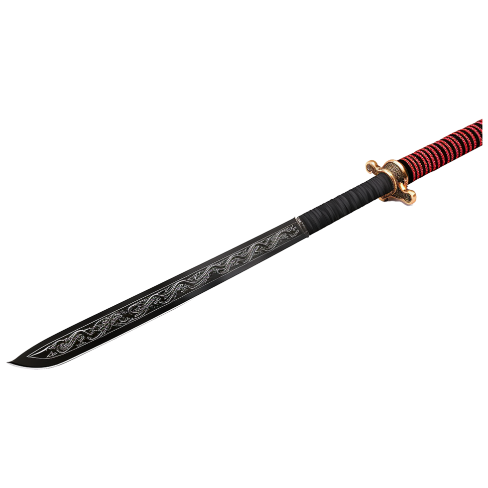 Ornate Black and Red MedievalStyle Sword with Intricate Etched Design png