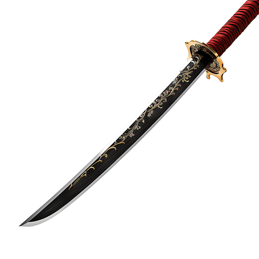 Elegant Japanese Katana Sword with Intricate Gold Floral Design and Red Handle png