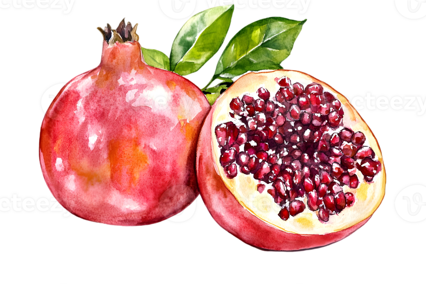 Watercolor Illustration of a Whole and a Half of Pomegranate with Red Seeds and Green Leaves on a Transparent Background png