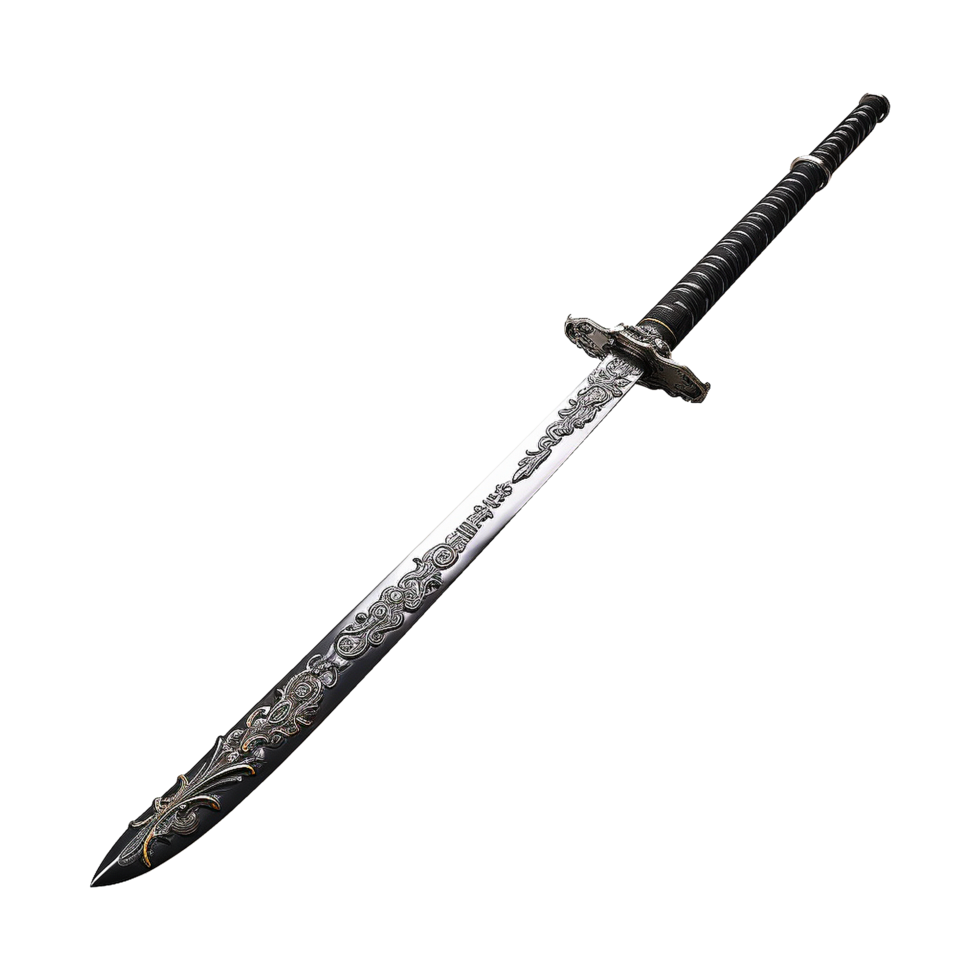 Ornate Decorative Sword with Intricate Metalwork and Black Handle png