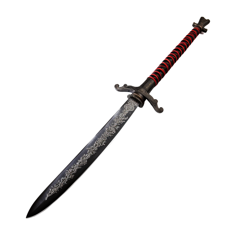 Ornate Black Dagger with Red Wrapped Handle and Silver Etched Blade on Display Stand png