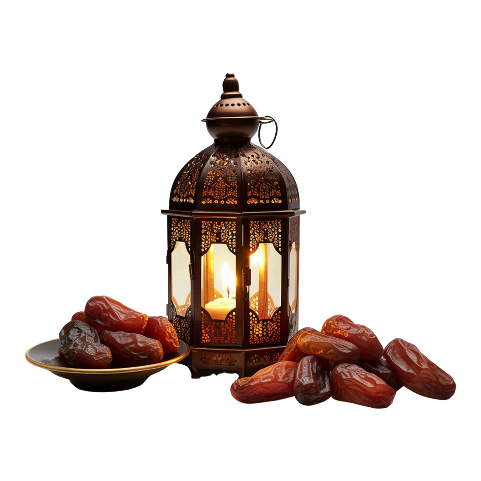 Intricate Metal Lantern with Burning Candle and Dates for Ramadan png