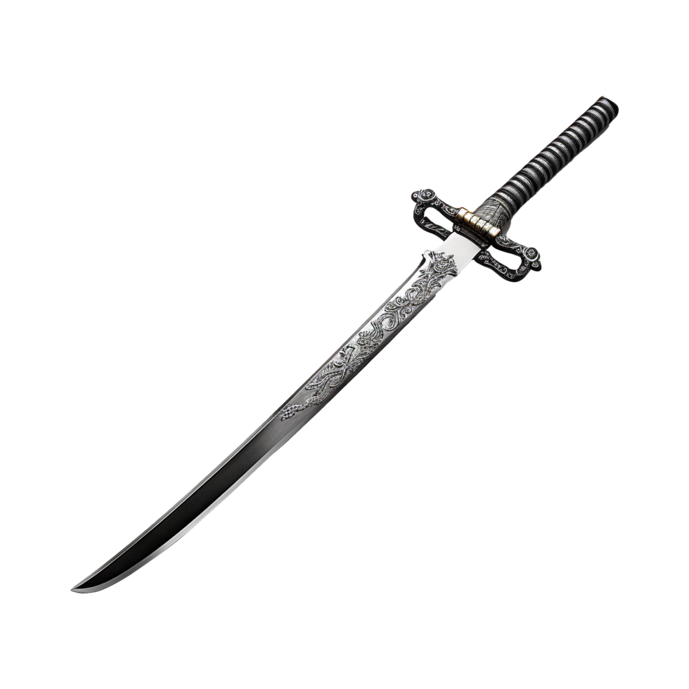 Ornate Decorative Sword with Intricate Metalwork and Striped Handle png