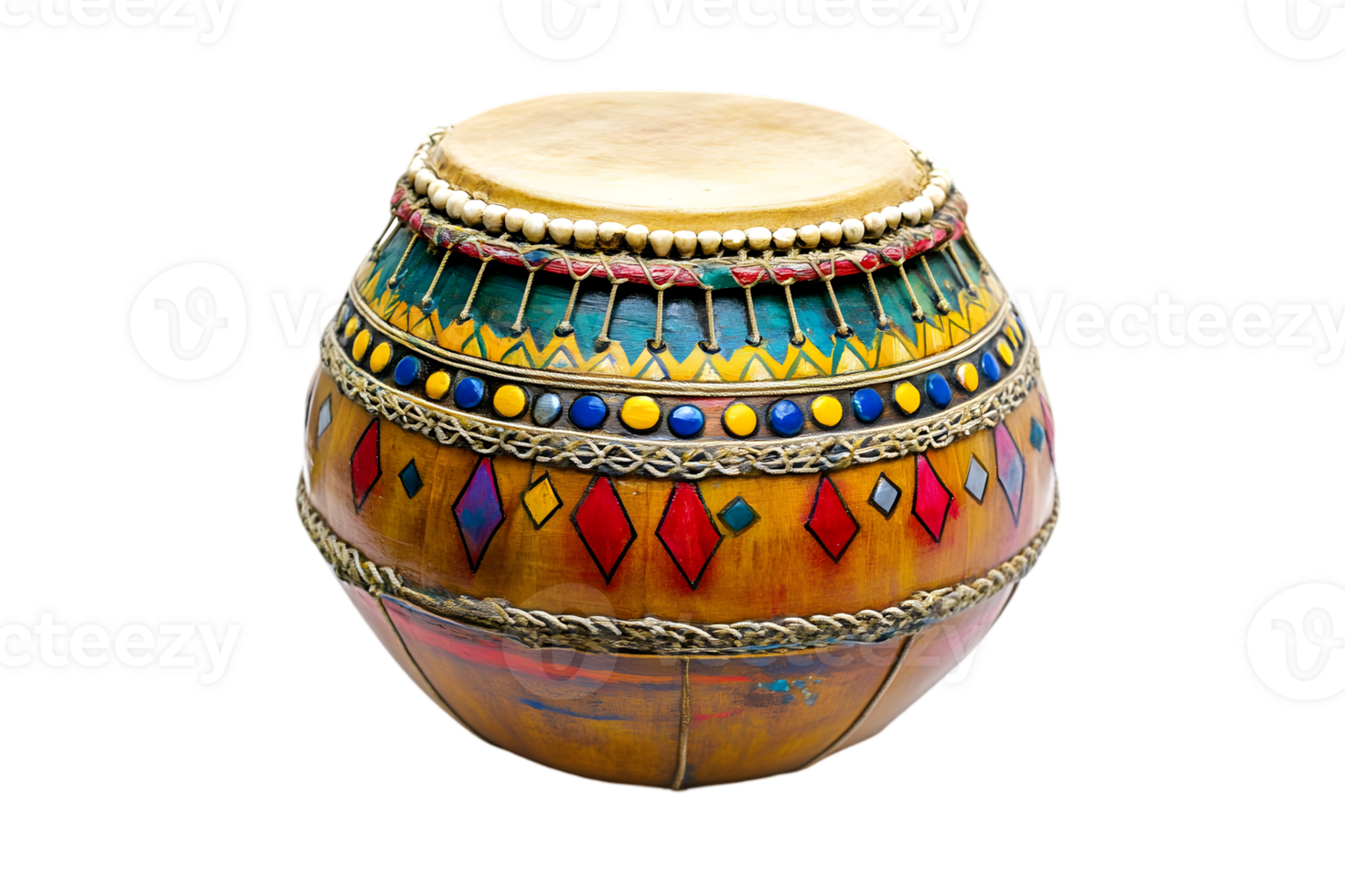 Vintage Handcrafted African Djembe Drum with Intricate Beaded Detailing on Black Background png