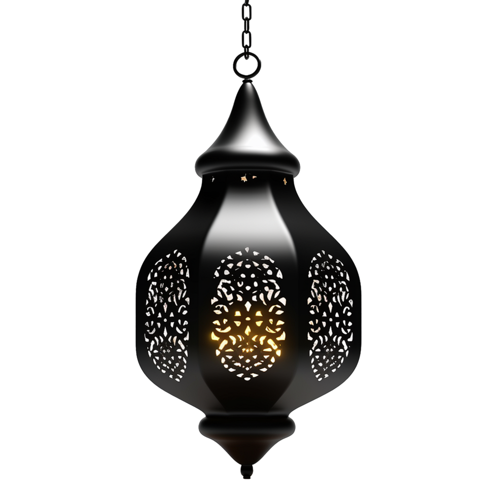 Elegant Black Metal Hanging Lantern with Intricate Cutout Design and Warm Light png