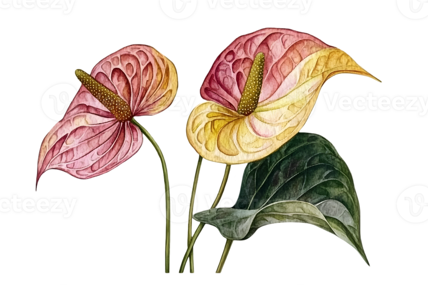 Watercolor Anthurium Flowers with Detailed Petals and Green Leaves on Transparent Background png