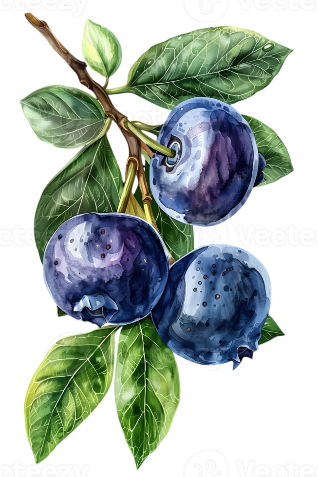 Watercolor Blueberry Branch with Green Leaves Isolated on Transparent Background Food Illustration Featuring Fresh Healthy Berries For Design Elements png