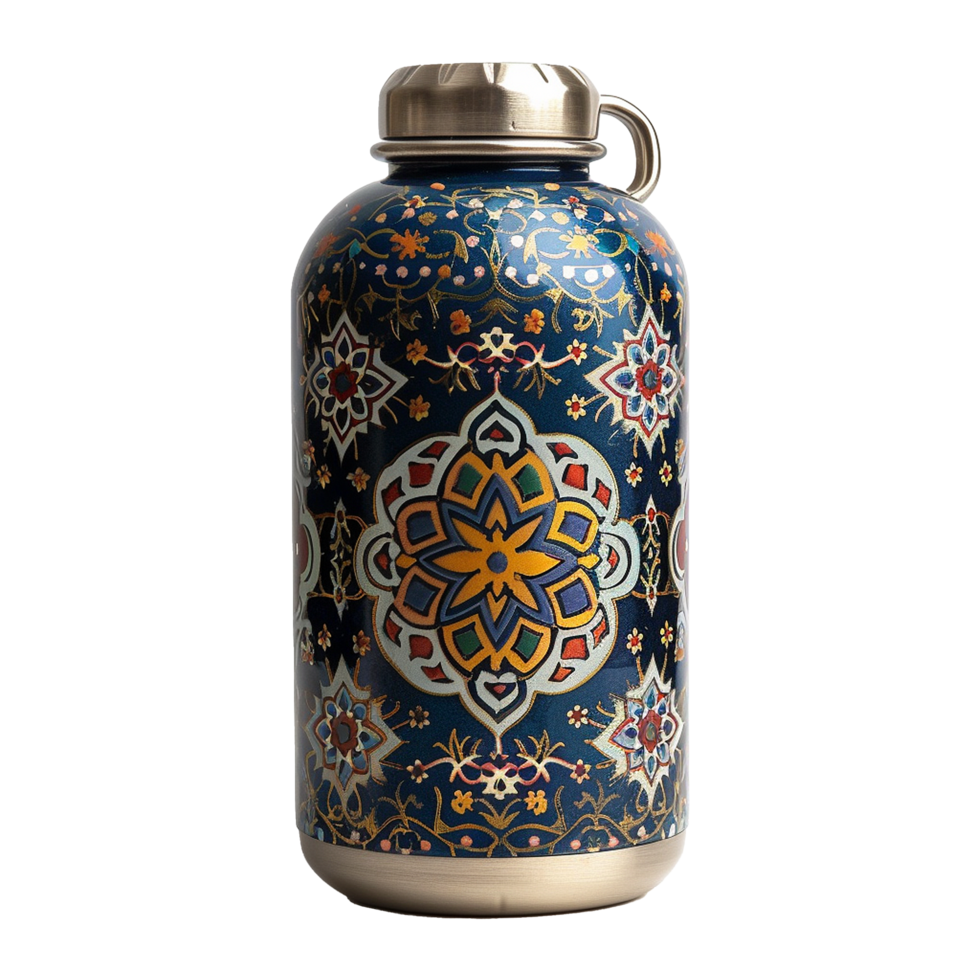 Ornate Blue and Gold Insulated Water Bottle with Intricate Floral and Geometric Design png
