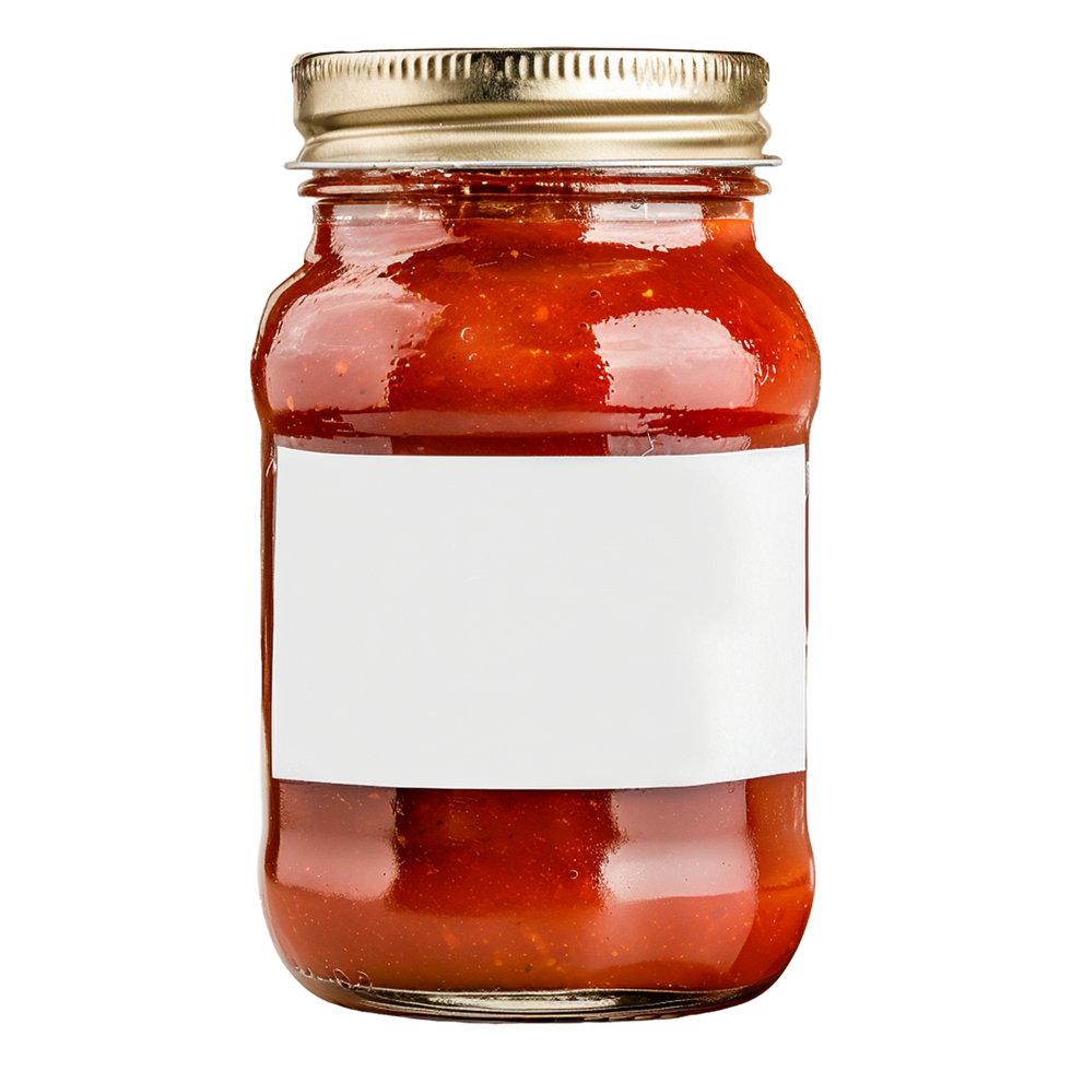 A Glass Jar of Red Sauce with Blank White Label png