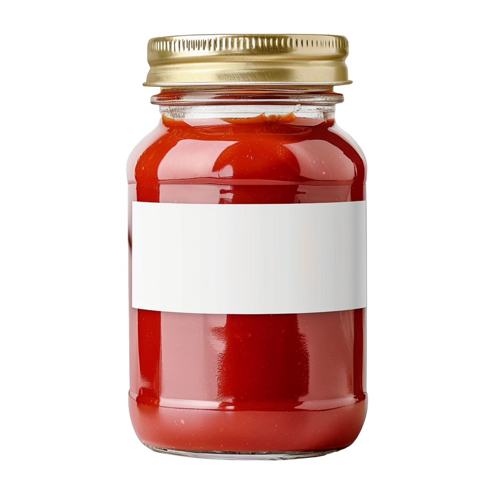 A glass jar of red tomato sauce or paste with a gold lid and a blank white label png