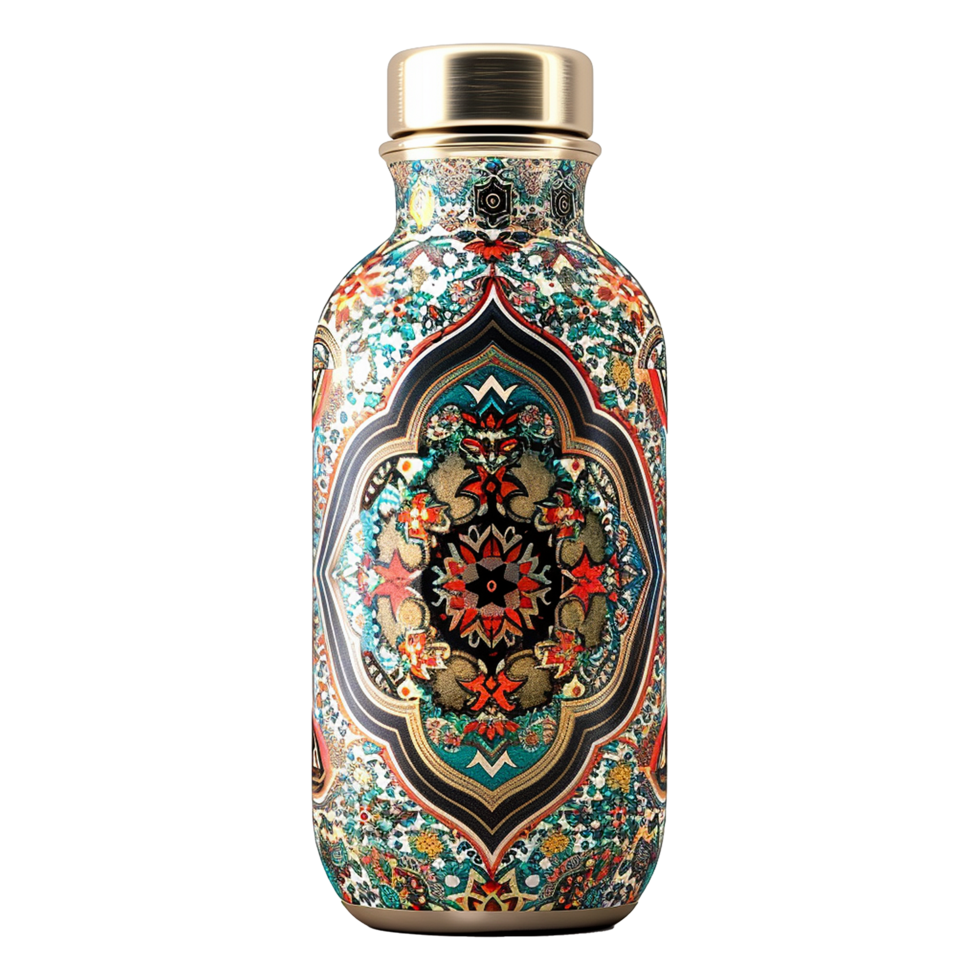 Ornate and Luxurious Designer Water Bottle with Intricate Colorful Pattern png