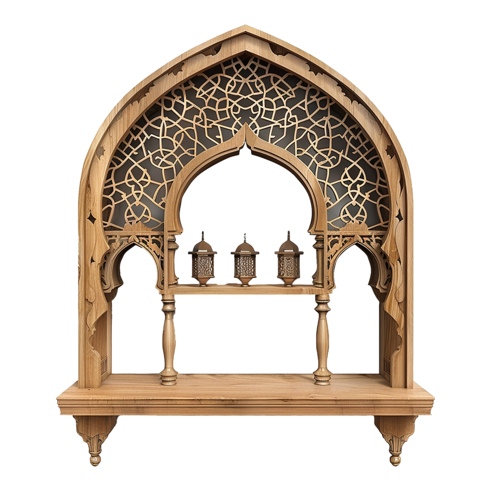 Intricate Wooden Shelf with Islamic Arch Design and Three Lanterns png