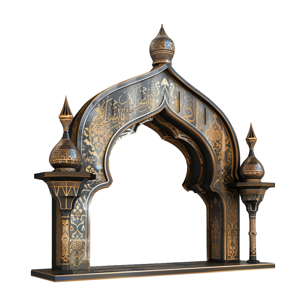Ornate Black and Gold Islamic Archway with Intricate Carvings and Domes png