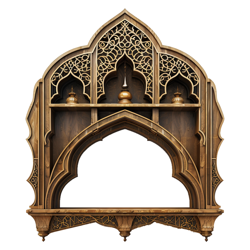 Ornate Wooden Wall Shelf with Intricate Islamic Architecture Design and Golden Accents png