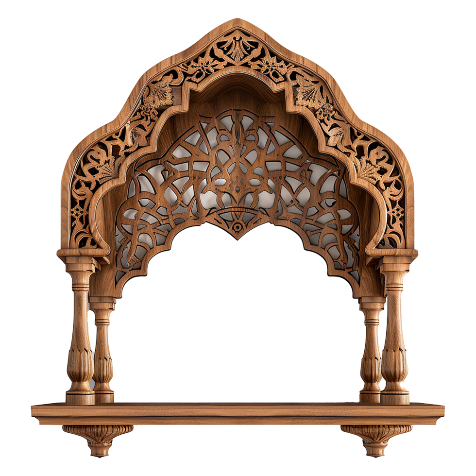 Intricate Wooden Archway with Carved Pillars and Floral Designs A Stunning Piece of Architectural Craftsmanship png