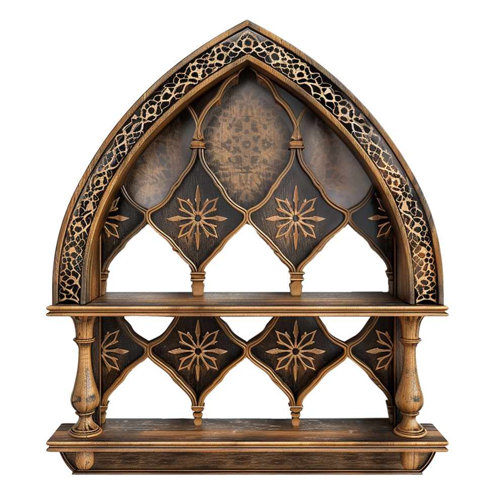 Ornate Wooden Wall Shelf with Gothic Arch and Intricate Carvings png