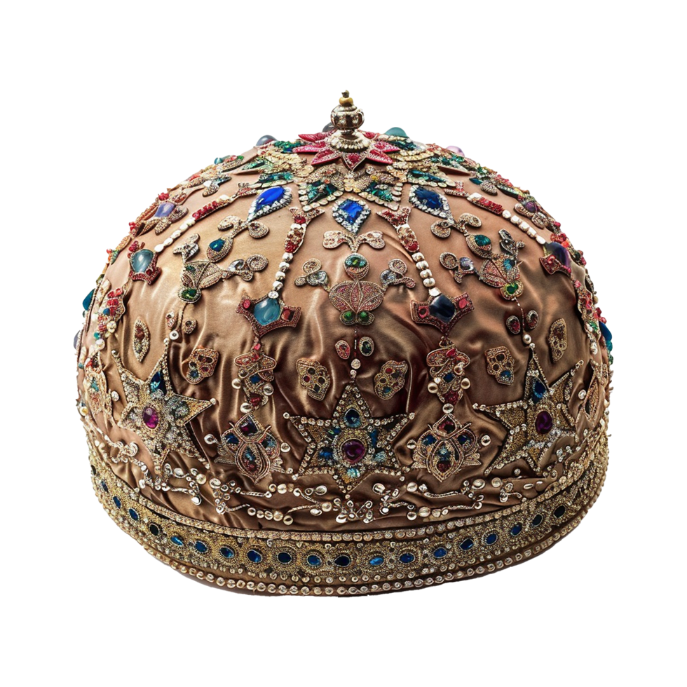 Ornate and Exquisitely Crafted DomeShaped Crown Adorned with Precious Gems and Intricate Embroidery png