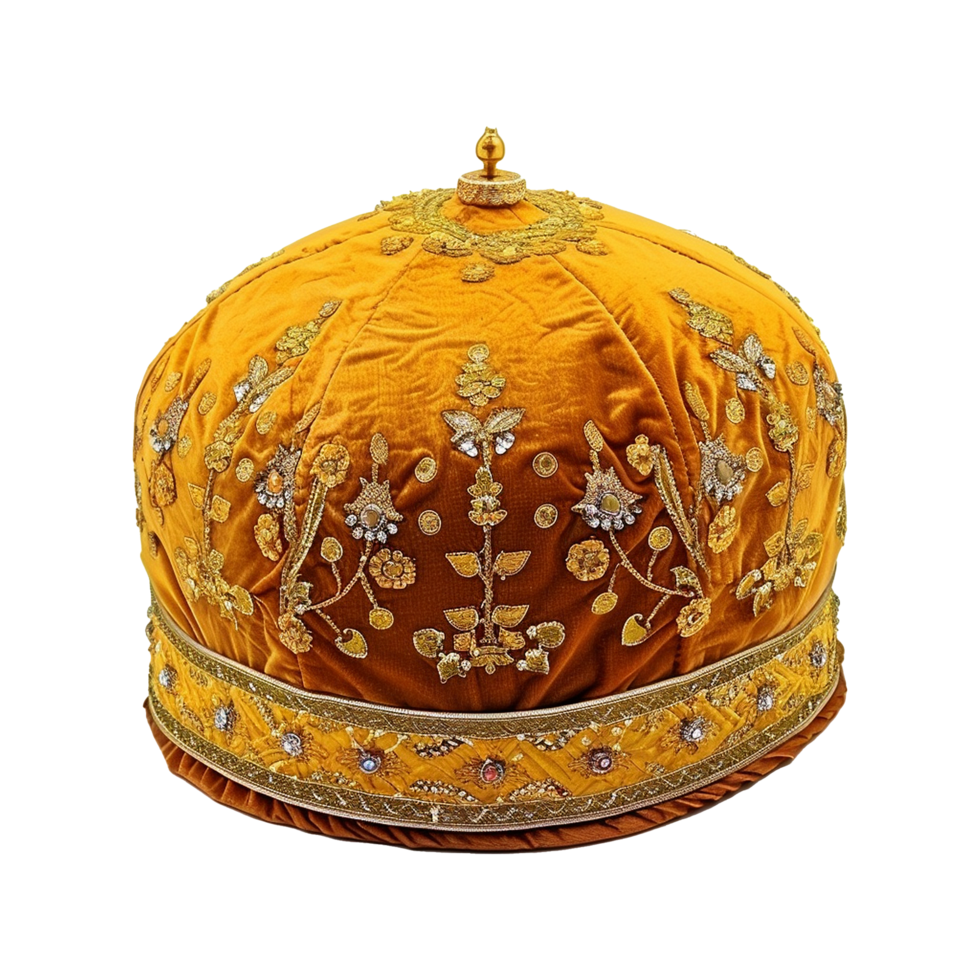 Ornate Golden Velvet Hat with Intricate Embroidery and Gemstones png