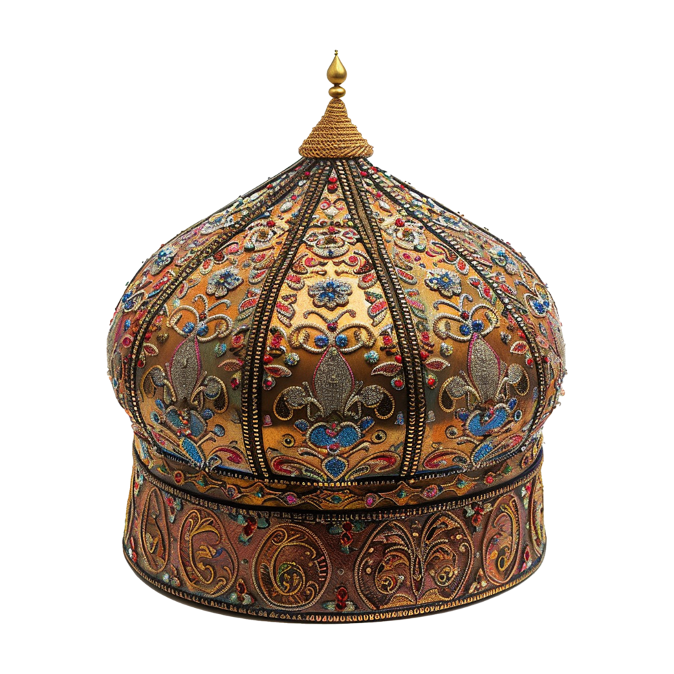 Ornate Golden and Brown Embroidered DomeShaped Decorative Box with Jewel Accents png