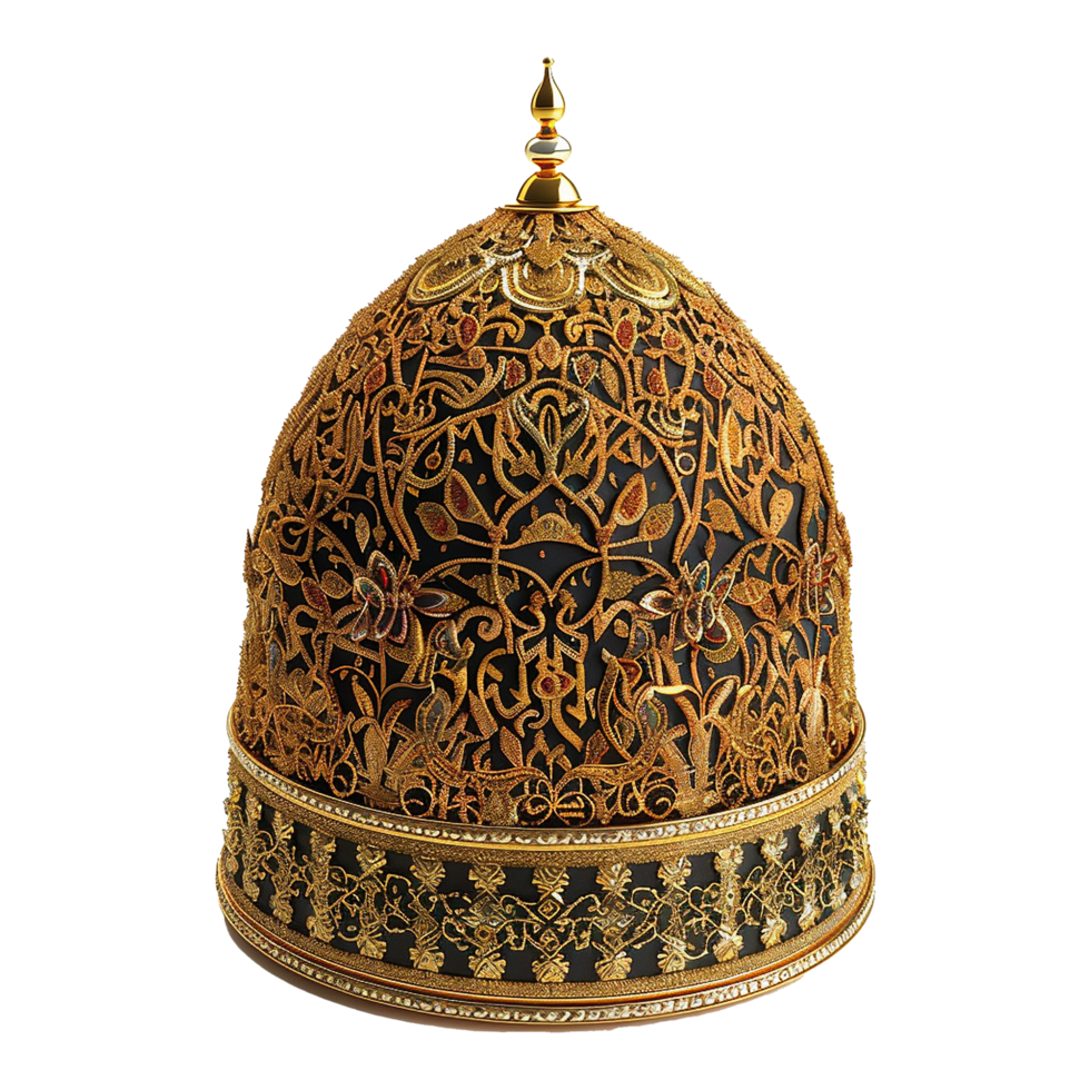 Ornate Golden and Black DomeShaped Decorative Item with Intricate Embroidered Details png